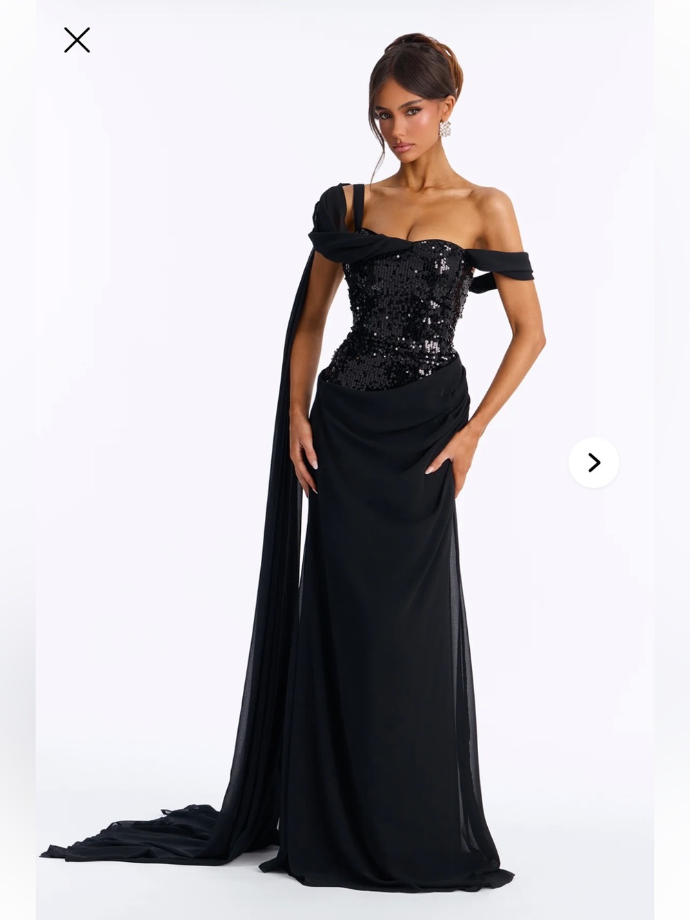 Fashion Nova Black Off-the-Shoulder Sequin Evening Gown